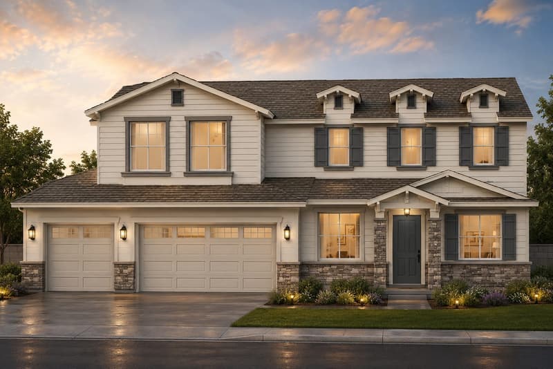 Rendering: Front elevation — two-story at dusk